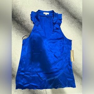 NWT Marty M Royal Blue Silk Sleeveless‎ Ruffle Collar Blouse Top Shirt Medium M
